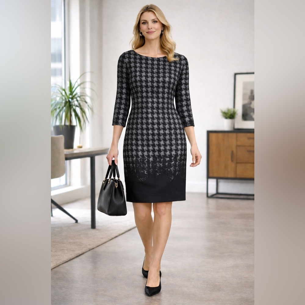 Per Se Black Houndstooth Sheath Dress 3/4 Sleeve Career Dress 6